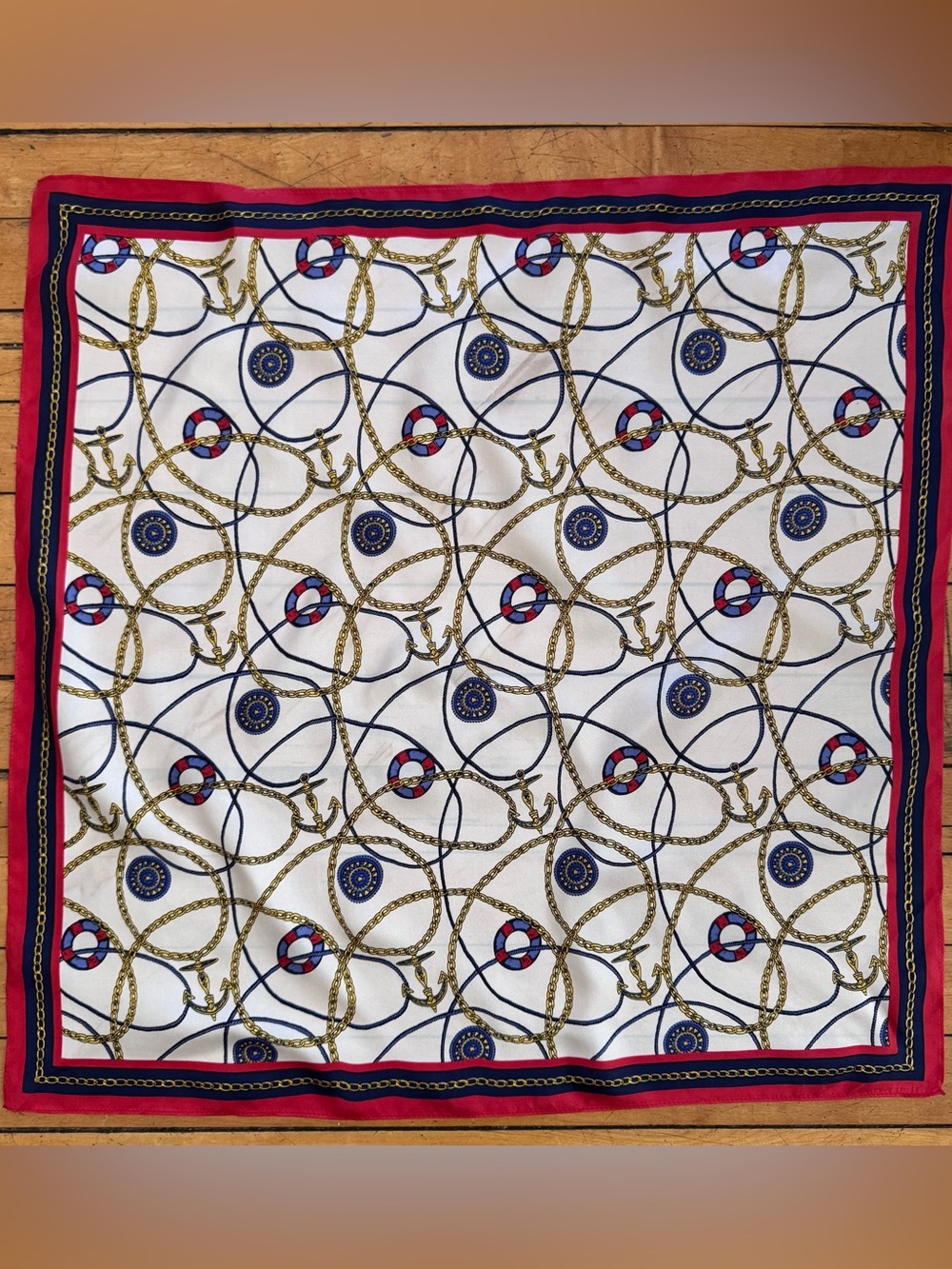 Nautical silk scarf summer beach anchor square red white blue gold